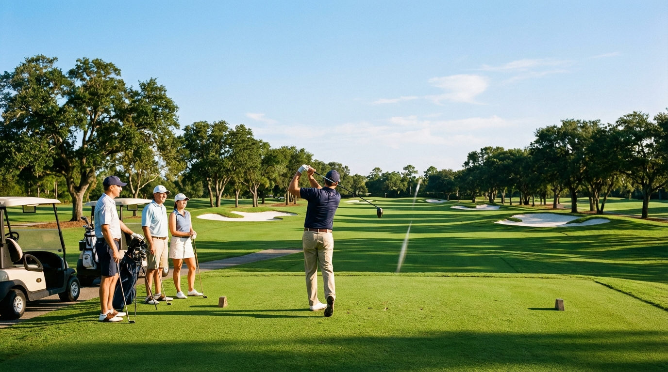 Golfers teeing off on hole one