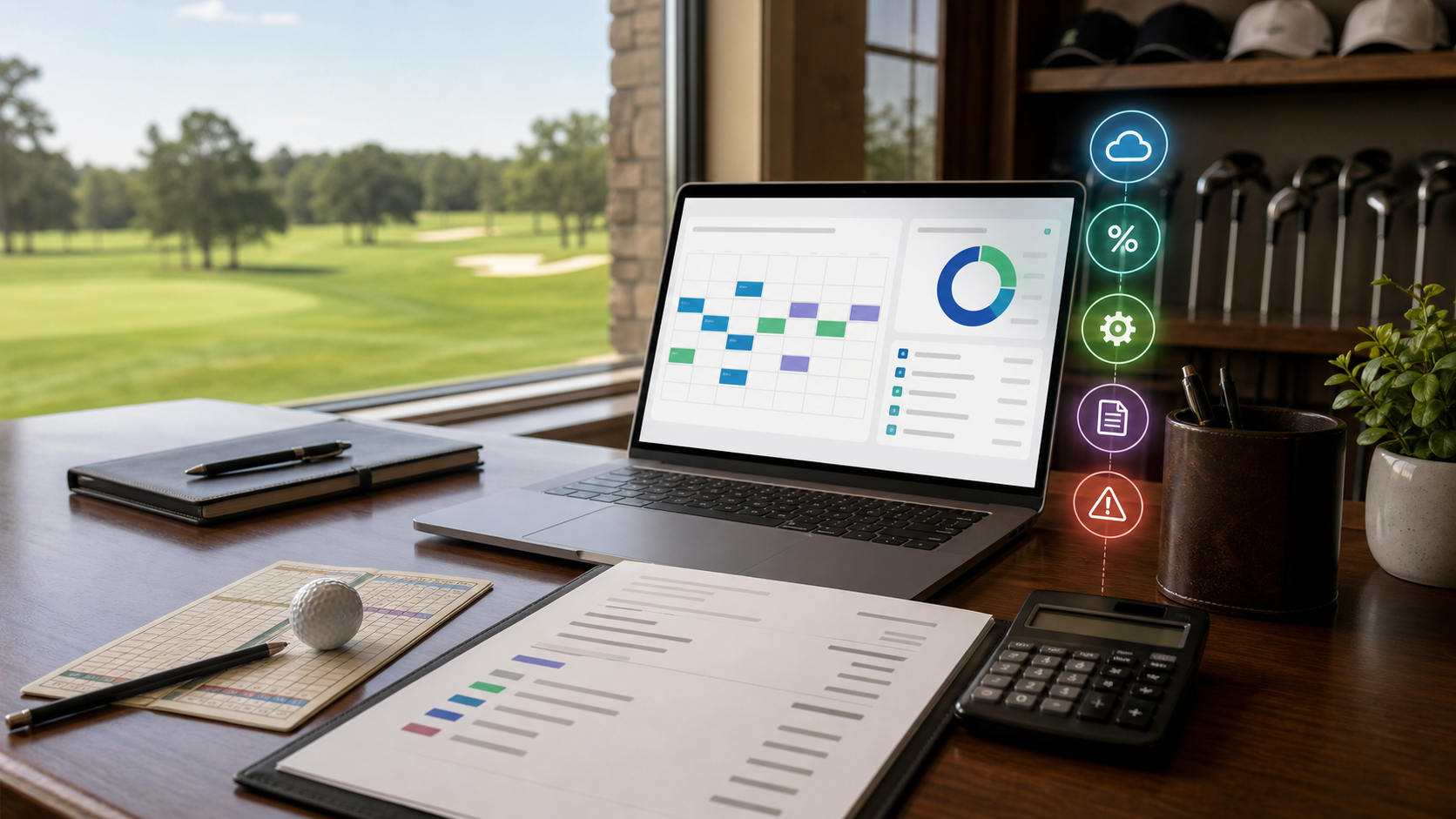 Laptop showing golf booking pricing dashboard beside an invoice and calculator in a golf course pro shop