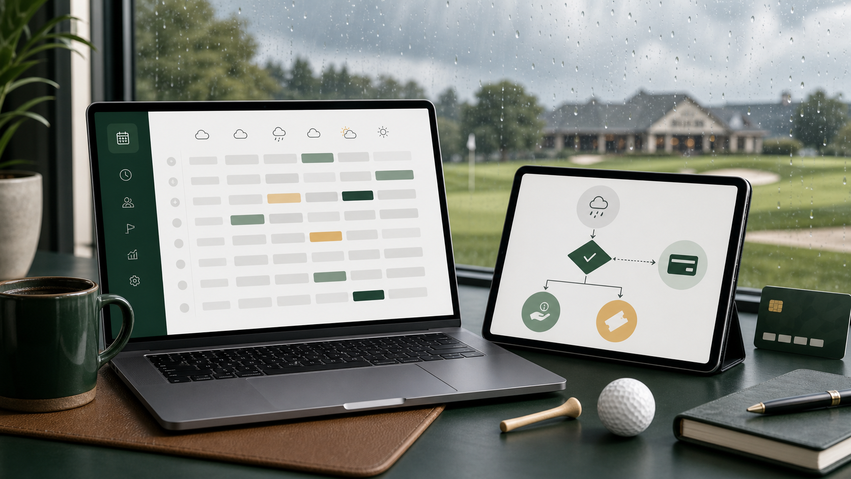 Golf course check-in and tee time policy concept with rain clouds and booking calendar