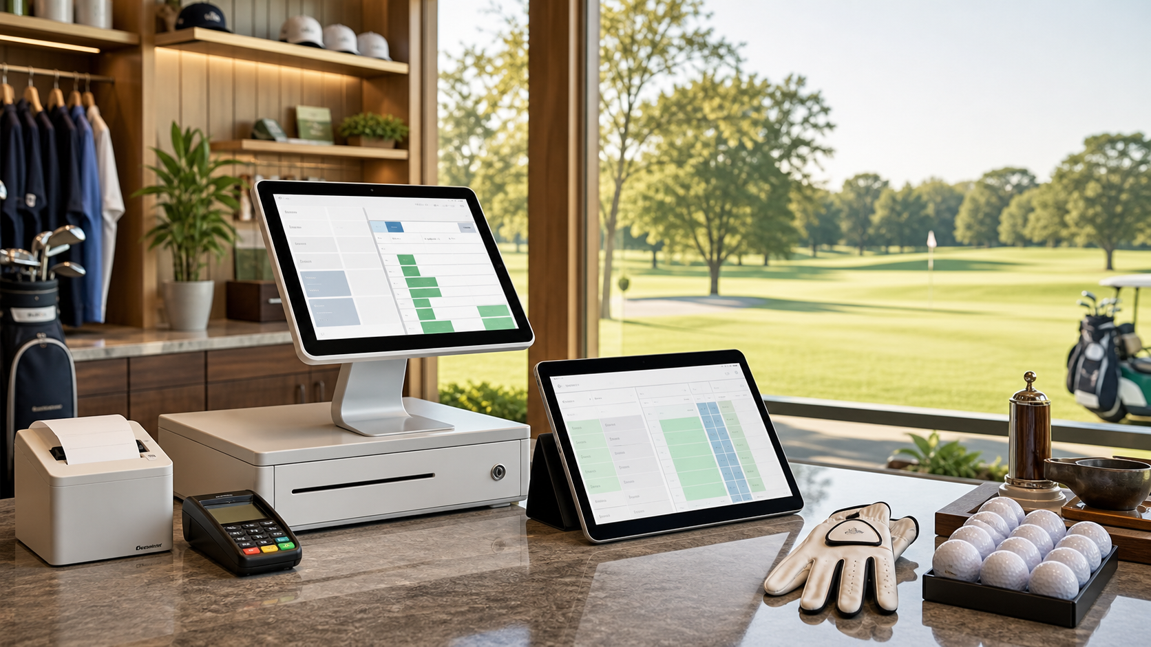 Golf course pro shop POS terminal and tee sheet dashboard overlooking the course