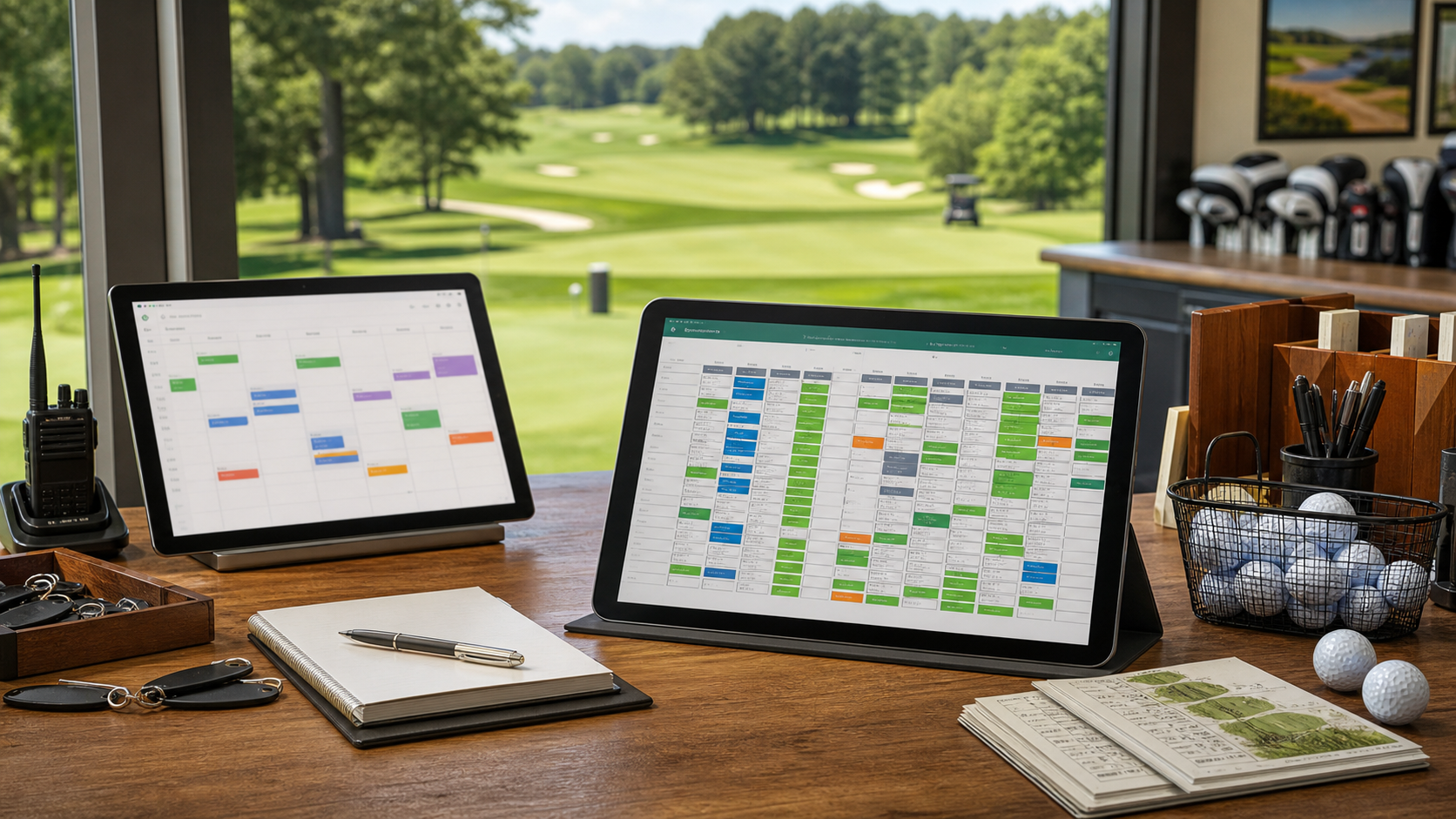 Golf course operations desk comparing a simple appointment calendar with a tee sheet management dashboard