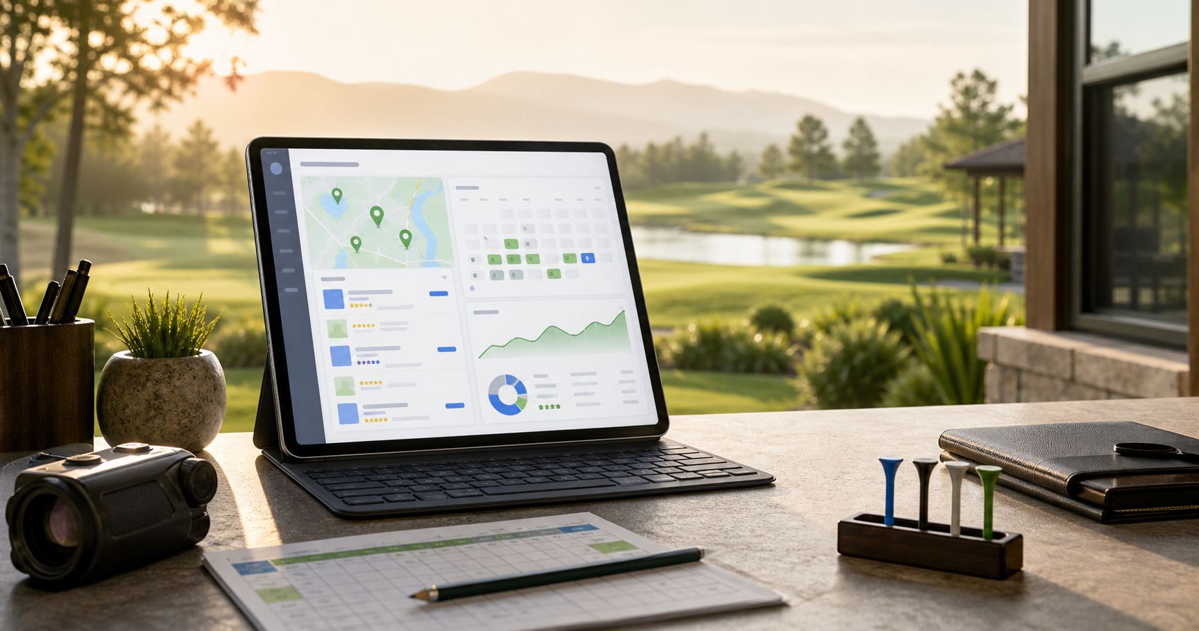 Golf course operations desk with booking analytics and local search signals on a tablet