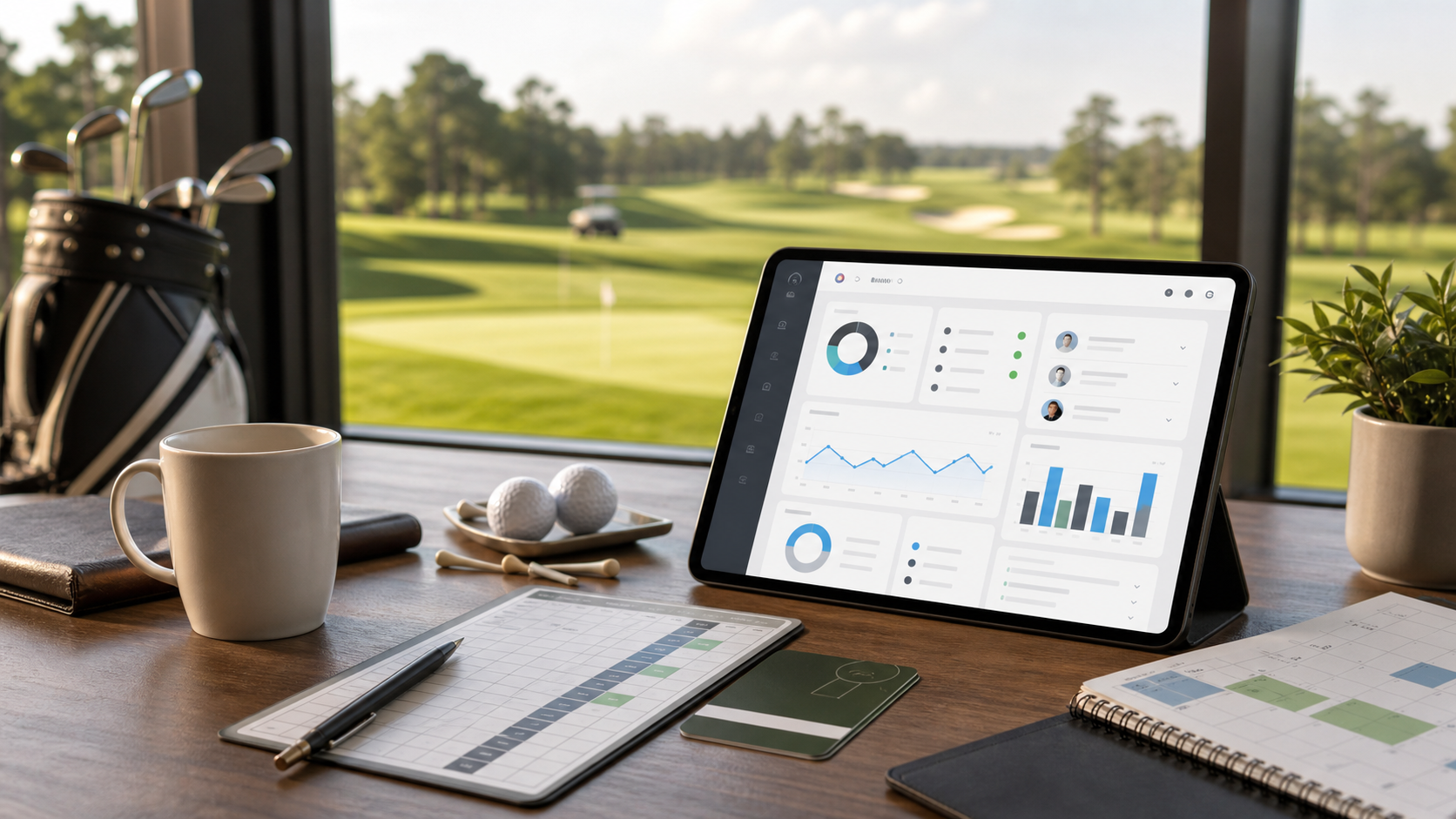 Golf course operations desk with abstract member retention analytics on a tablet