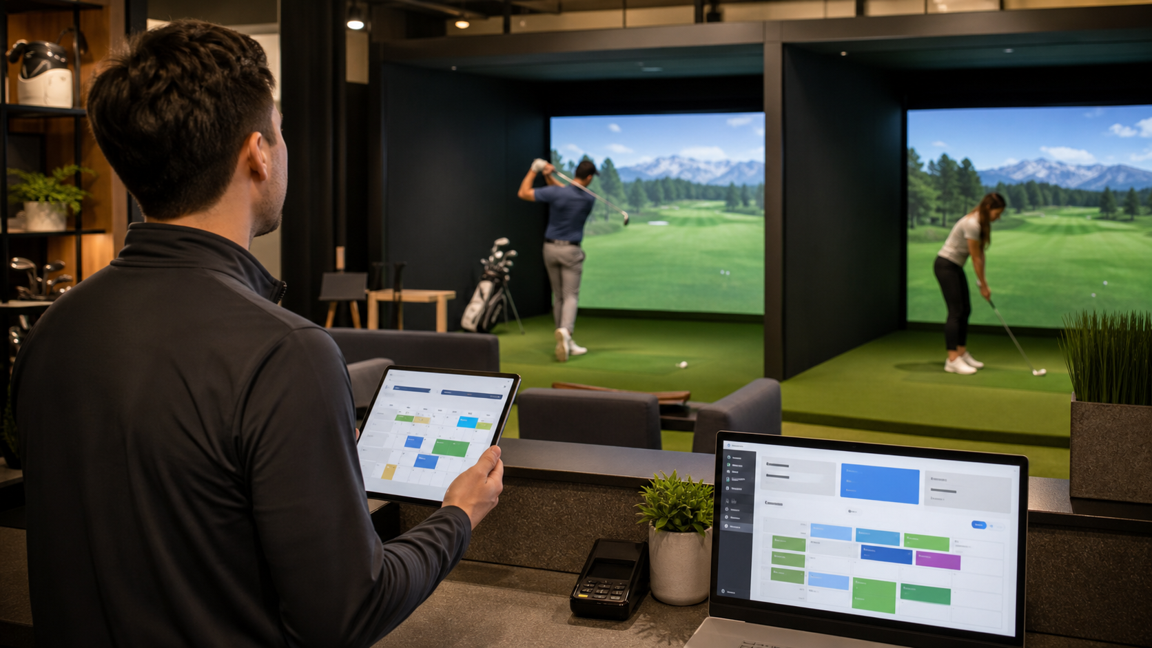 Indoor golf simulator facility with an operator reviewing abstract booking schedules on a tablet