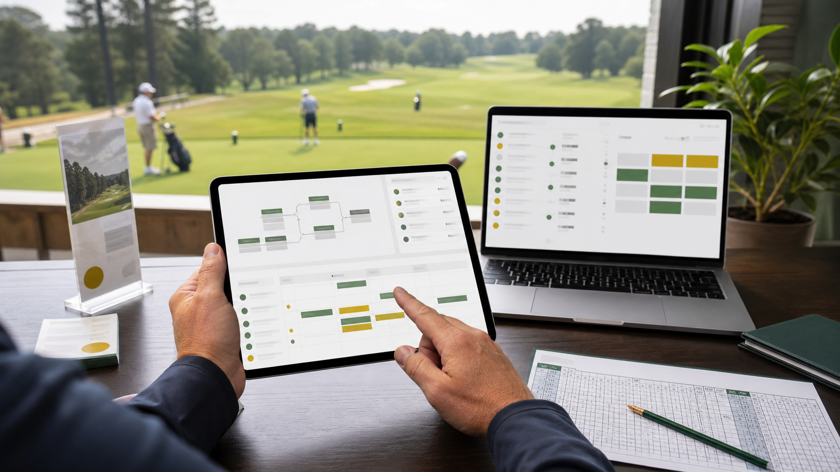 Golf course manager reviewing abstract league pairings and tournament scheduling on a tablet overlooking the course