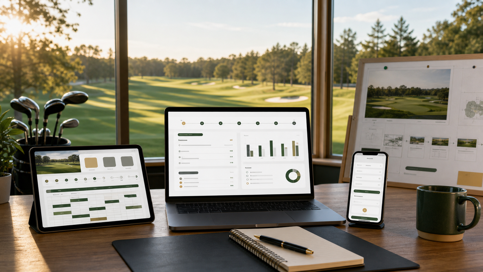 Golf course operator workspace with abstract website booking and analytics screens overlooking the course