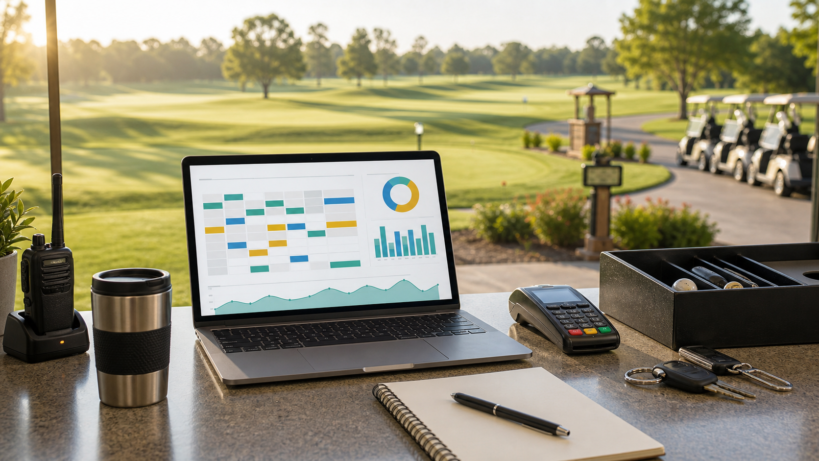 Golf course operations desk with abstract tee sheet utilization analytics on a laptop overlooking the course
