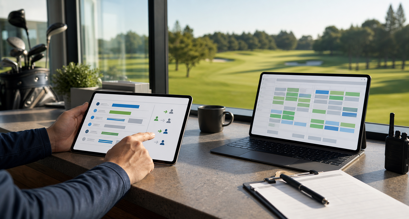 Golf course operations desk with abstract waitlist and tee sheet scheduling screens overlooking the course