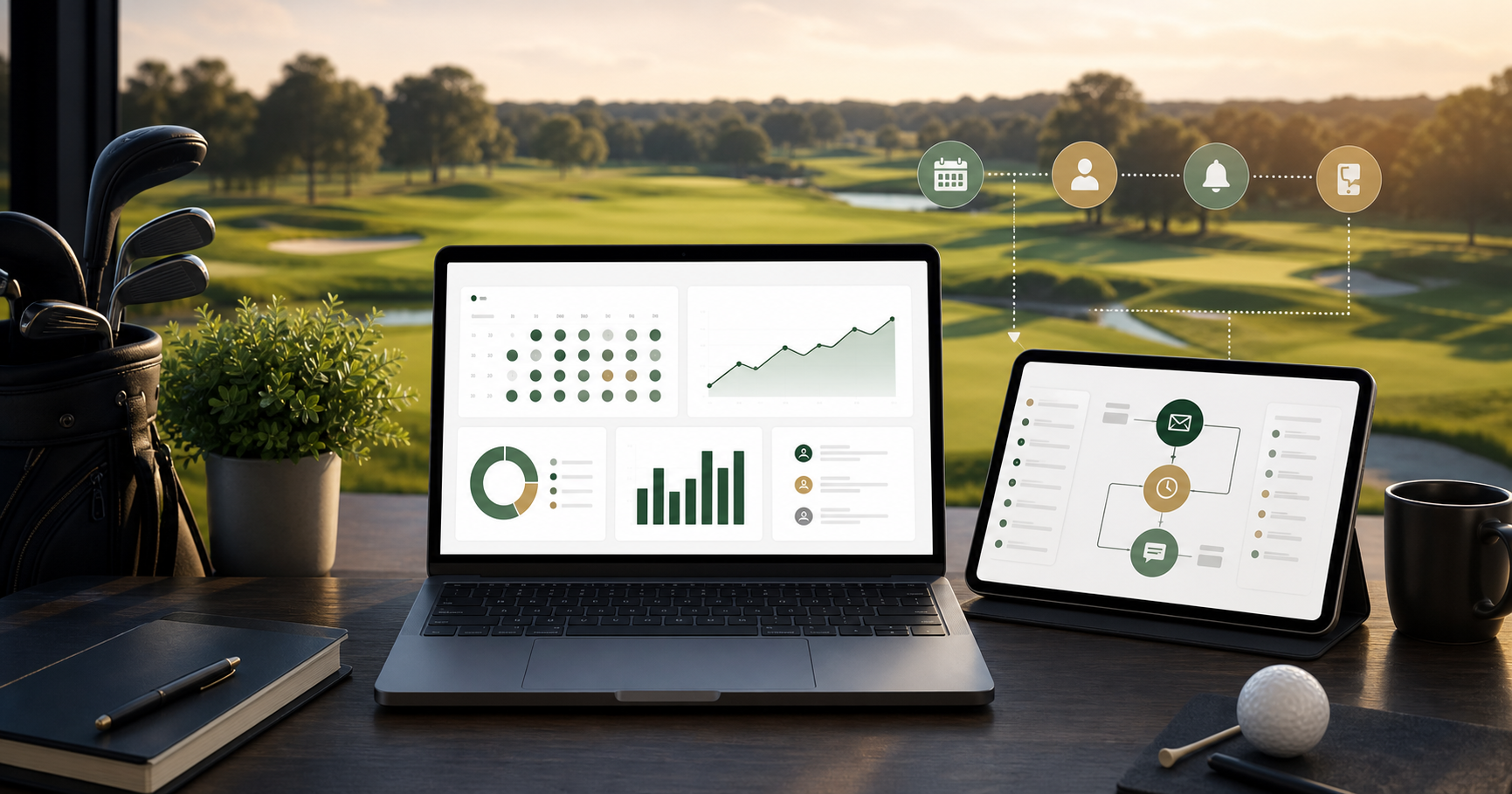 Golf course operations desk with abstract email marketing automation and booking analytics screens overlooking the course