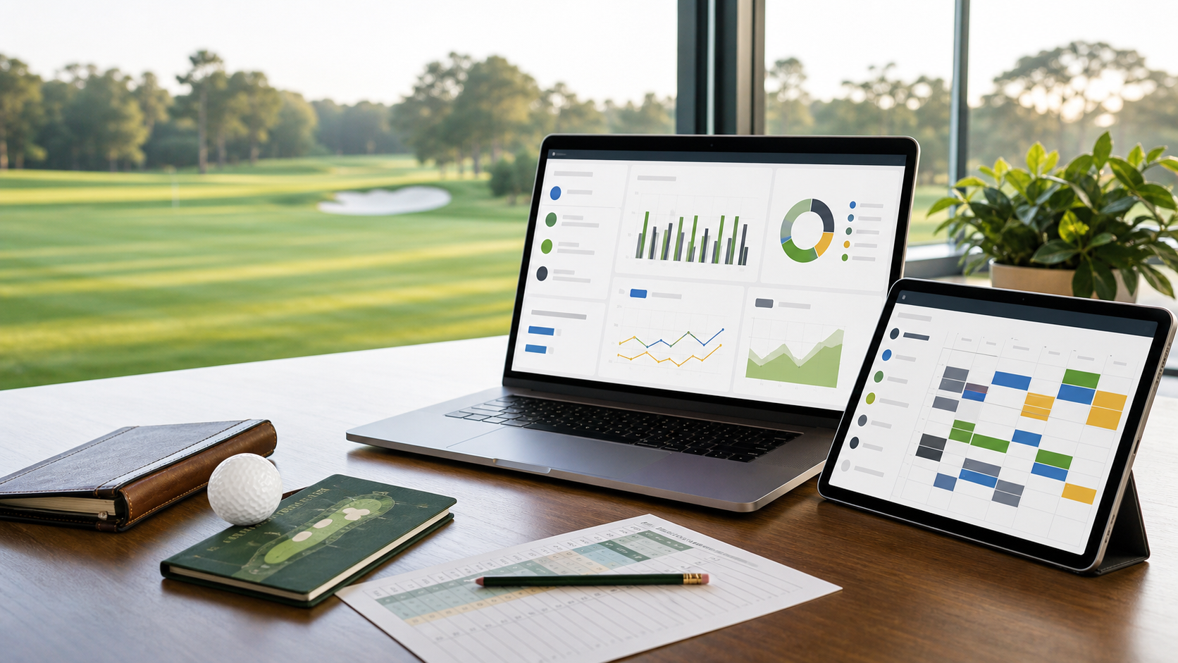 Golf course operations desk with abstract revenue dashboards and tee sheet analytics overlooking a fairway