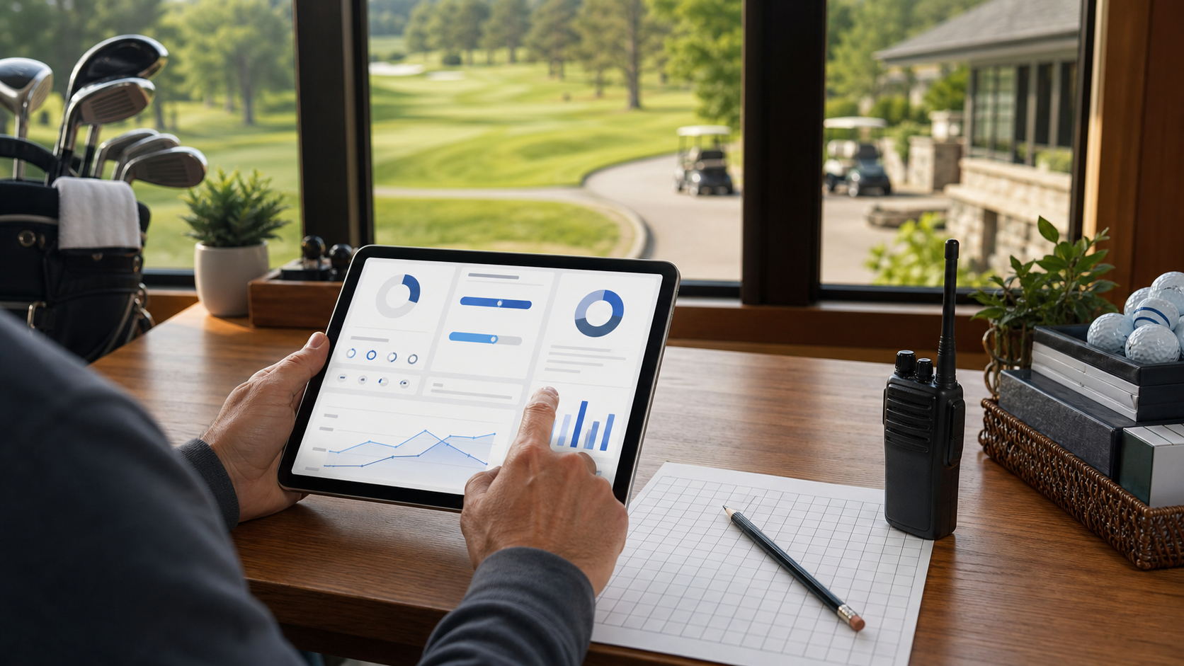 Golf course manager reviewing abstract post-round feedback analytics on a tablet beside a clubhouse window