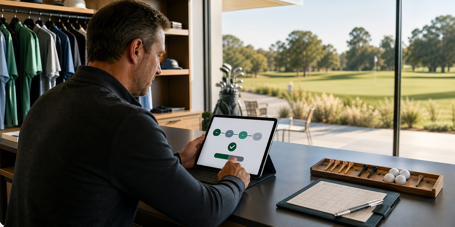 Golf course operator reviewing an abstract tee time checkout flow on a tablet inside a clubhouse pro shop