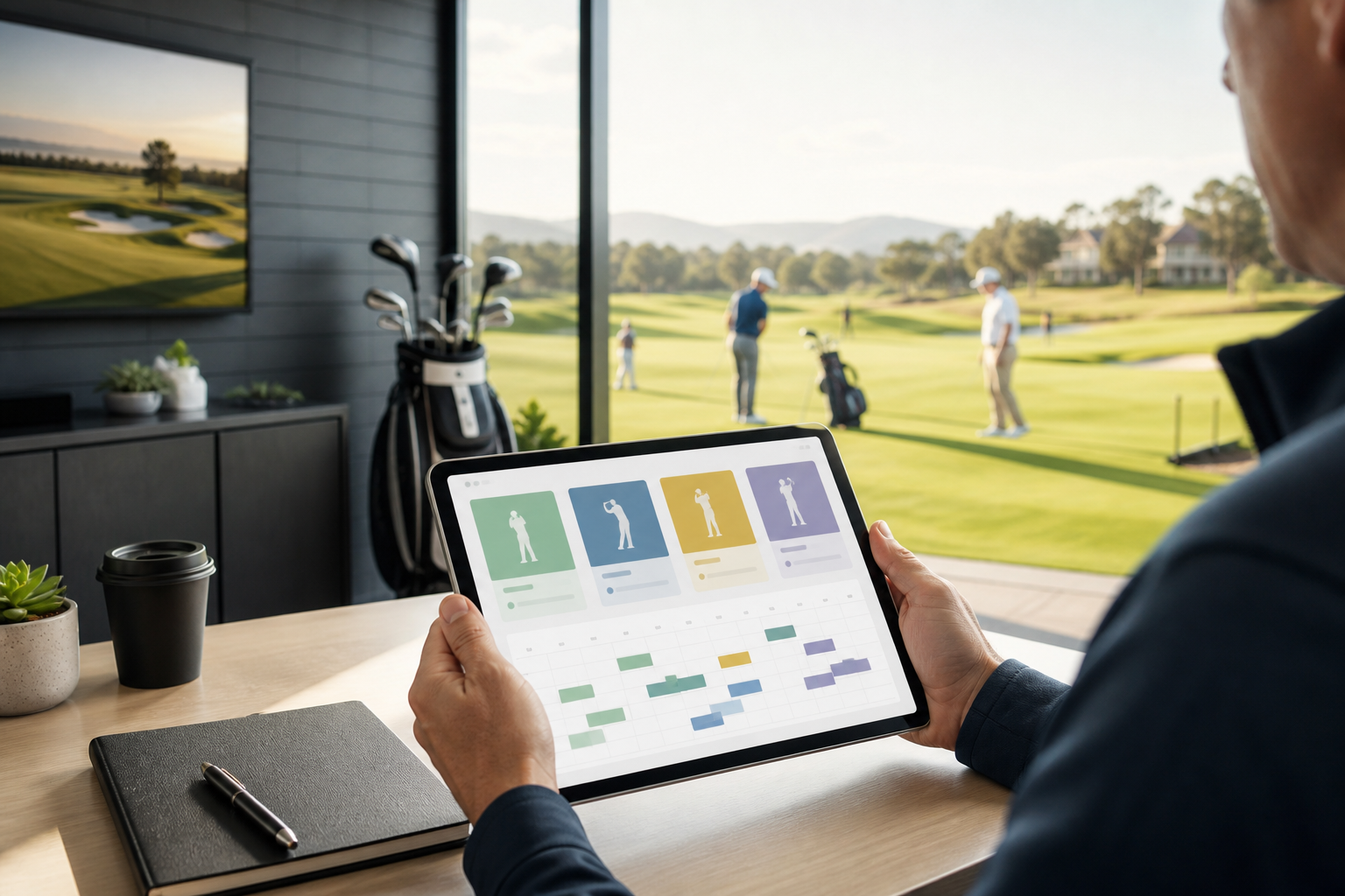 Golf course operator reviewing abstract golfer segments and booking patterns on a tablet inside a modern clubhouse