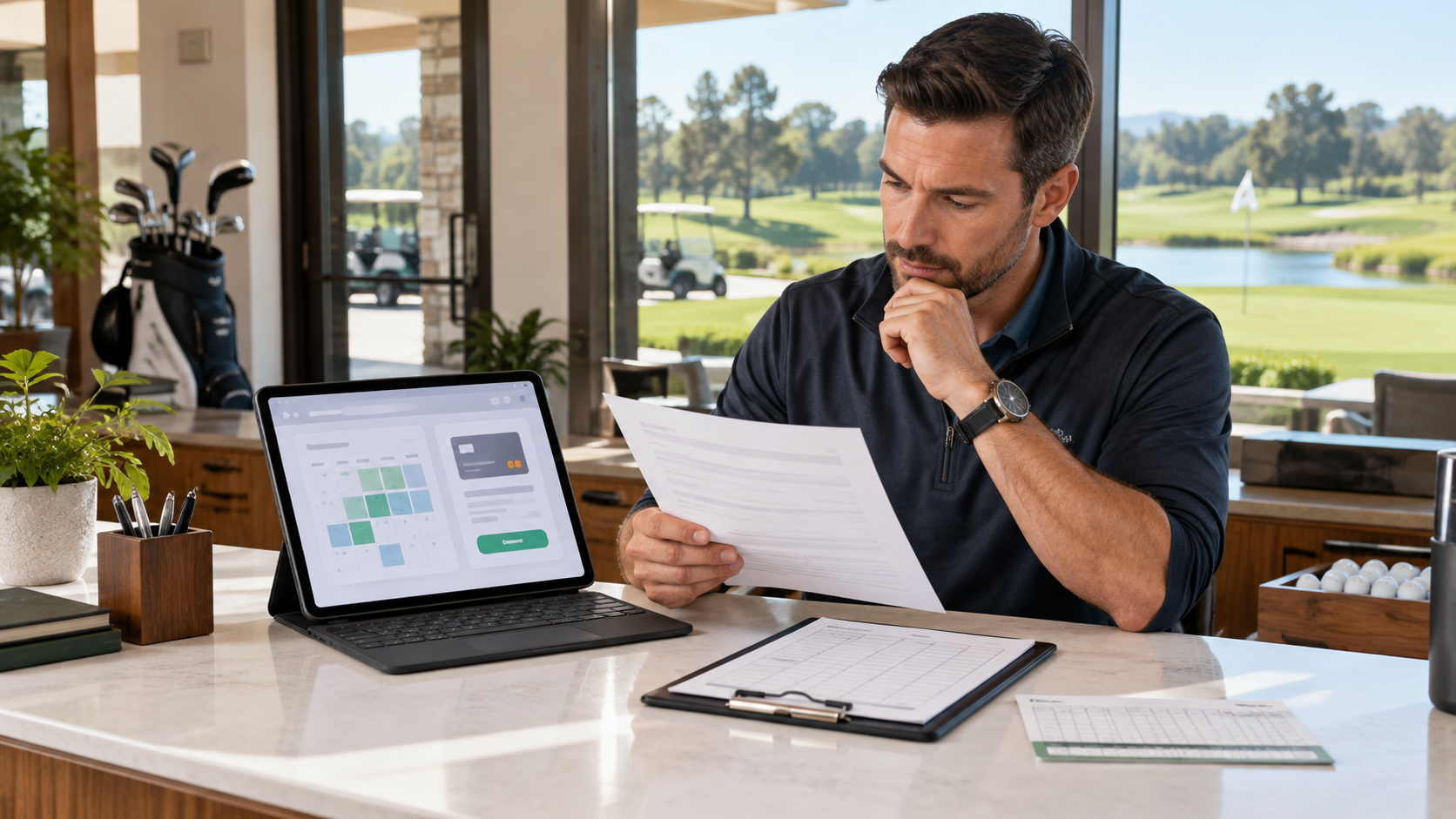 Golf course manager reviewing prepaid tee time refund policies and payment records inside a modern clubhouse