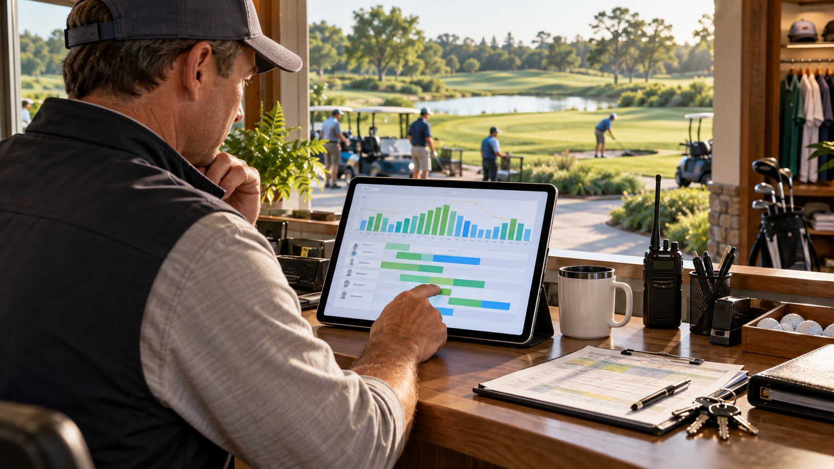 Golf course manager reviewing staffing coverage and tee sheet demand on a tablet inside a clubhouse