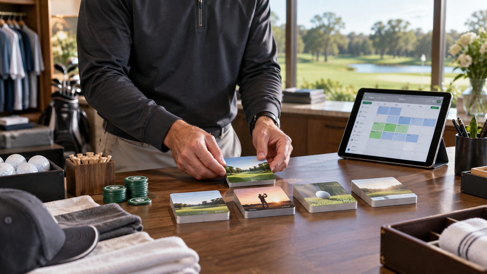 Golf course operator arranging blank gift cards and package cards beside a tablet tee sheet in a clubhouse pro shop