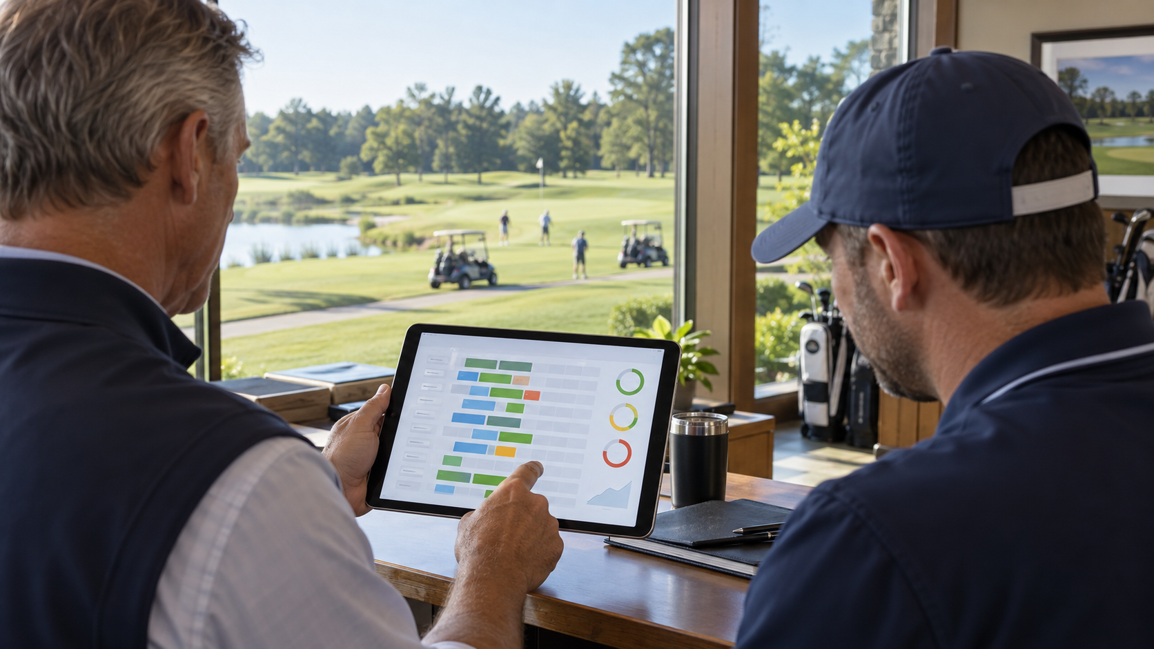 Golf course manager and head pro reviewing abstract pace-of-play timing patterns on a tablet inside a clubhouse overlooking the course