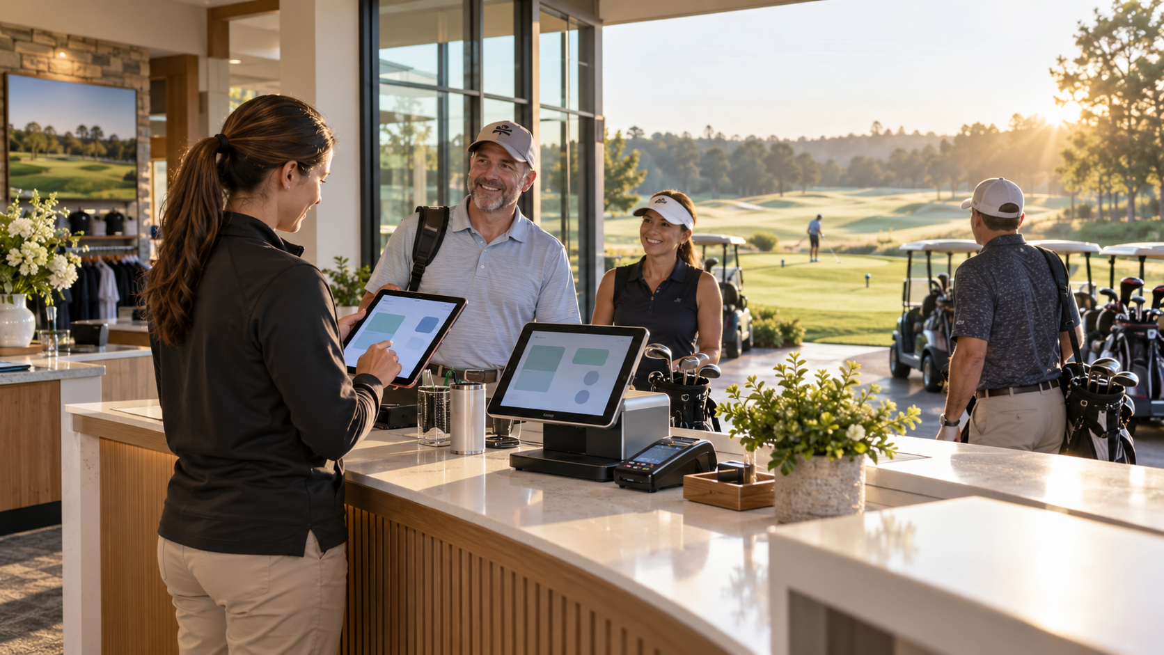Golf course staff member helping golfers check in with a tablet and payment terminal inside a clubhouse overlooking the first tee